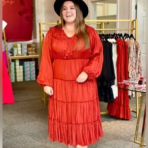 Entro Women's Wine Long Sleeve Tiered Midi Terra Cotta Dress Size Small